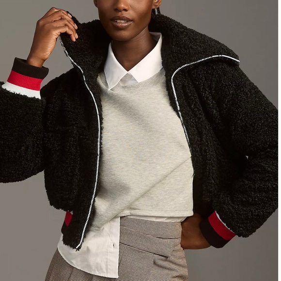 Maeve Jackets & Blazers - Maeve Black Sherpa Wool Letterman Striped Collared Cropped Bomber Jacket XXS